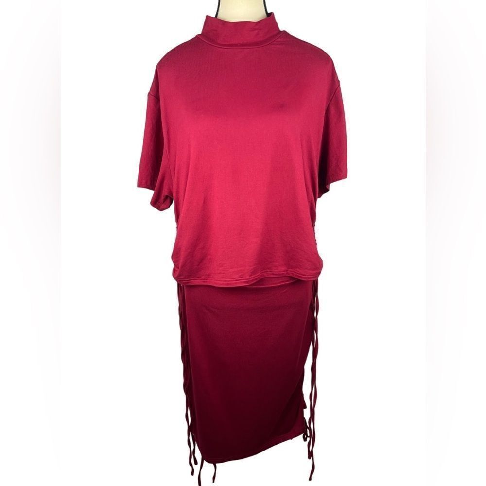 Shein Curve Red Cotton Blnd Drawstring Side short sleeve Tee & Skirt set Sz 4XL - Picture 1 of 11